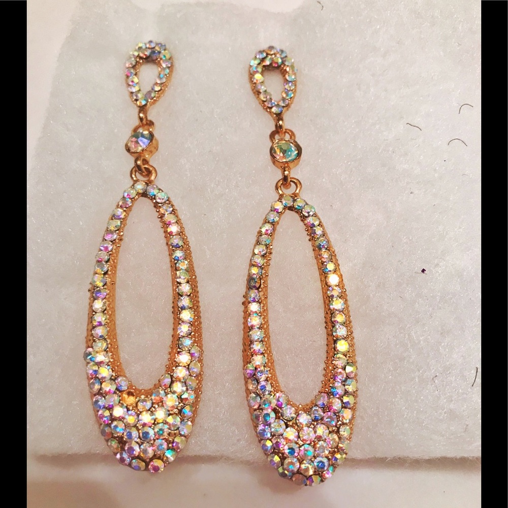 Gold Rhinestone Earrings Drop Prom Formal Evening NEW